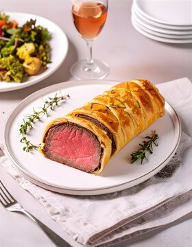 K&ouml;stliches Beef Wellington mit Bl&auml;tterteig auf einer Servieplatte in einem Restaurant angerichtet.