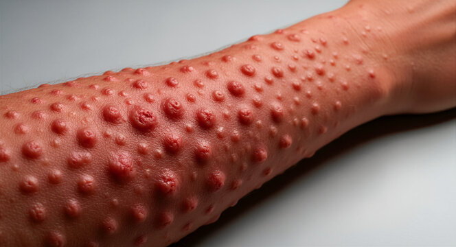 Close-up of a human arm covered in raised red skin lesions and bumps. Patient showing symptoms of a viral infection or severe rash. Medical disease concept for health awareness and education.