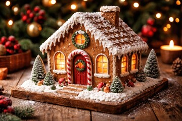 Fototapeta premium Handcrafted festive gingerbread house cookie presented on wooden background