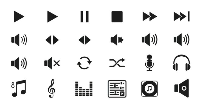 Set of Music Player Icons - Play, Pause, Volume, Shuffle, Microphone, Headphones
