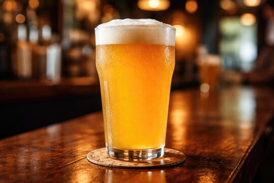 Chilled hazy IPA beer with golden hue in a classic glass on a polished table