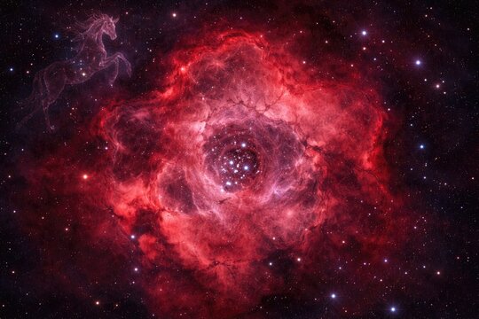 Floral shaped rosette nebula glowing red halpha within unicorn constellation
