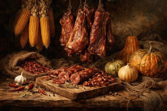 Oil painting capturing dried pork corn and gourds with a selection of dried meat ingredients