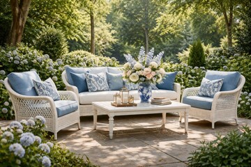 Fototapeta premium Graceful blue and white outdoor patio furniture with floral centerpiece located in a serene green garden environment
