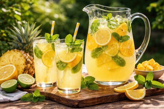 Citrus pineapple mint lemonade presented on a wooden board outdoors