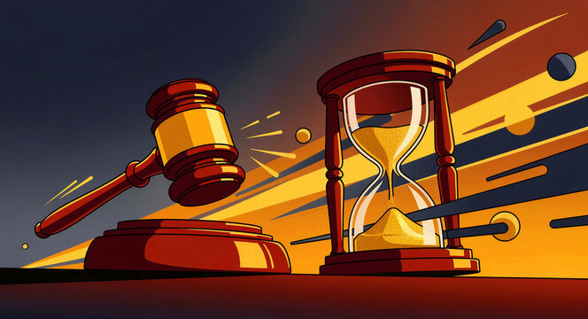 Judge gavel and hourglass with flowing sand in a dynamic illustration. Motion lines emphasize the urgency of legal proceedings and deadlines. Concept of justice and time limit.