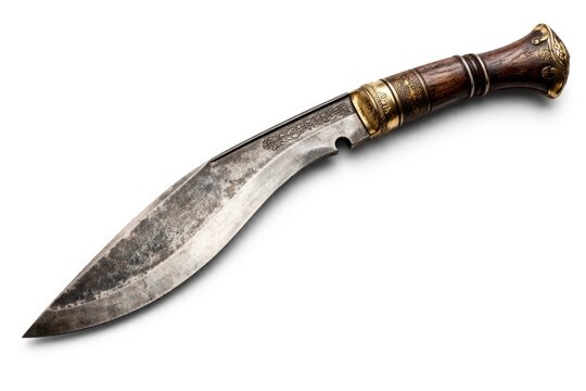 Antique Ghurkha Kukri knife closeup image isolated against a bright white background