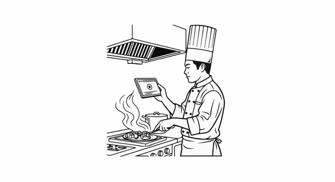 Chef consulting tablet while cooking food on stovetop under vent