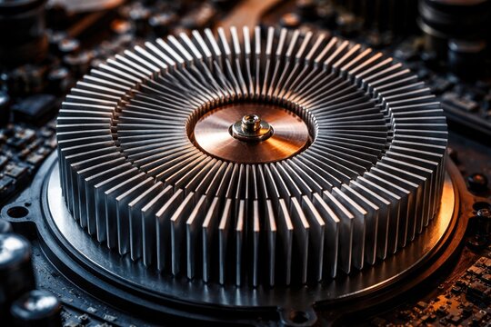 Magnified image of a circular heat sink showcasing precision extrusion design and thermal regulation in electronic components
