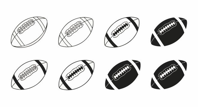 Collection of eight oval American football illustrations, some solid black, some outlined