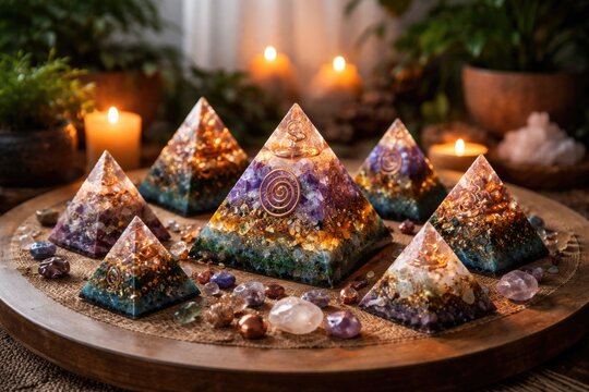 Indoor Orgonite pyramid arrangement for boosting beneficial energy and healing properties