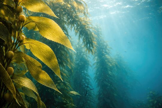Bright Macrocystis pyrifera kelp leaves underwater scene with ample copy space