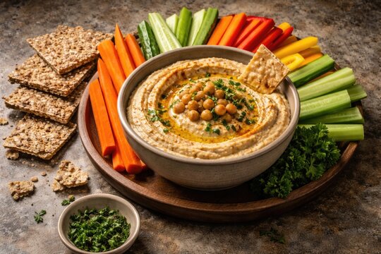 Flavorful hummus bowl paired with sliced vegetable sticks and crisp bread against a stone backdrop