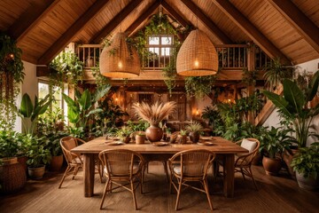 Fototapeta premium Bohemian dining area with decorative plants under gabled ceiling in wooden mezzanine