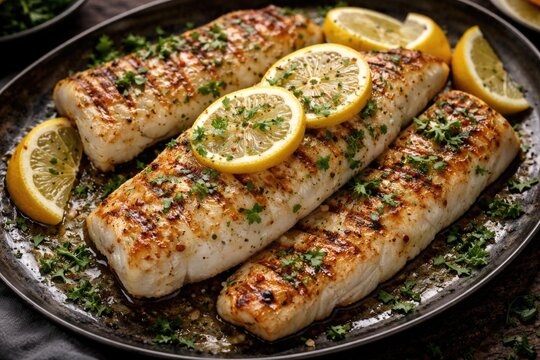 Grilled haddock fillets with lemon slices and finely chopped parsley