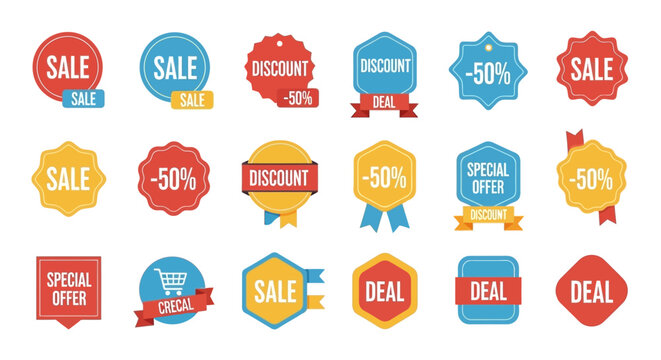 Collection of colorful sale, discount, and special offer badges for retail promotions