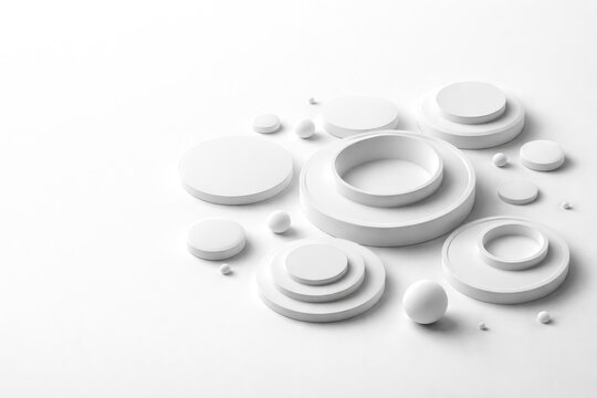 dynamic round shapes arranged on a minimal white surface with copy space