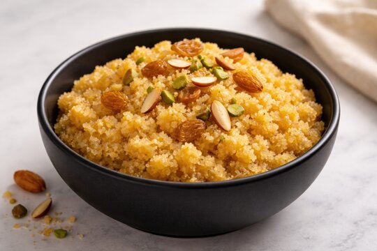 Homemade Suji halwa in a black bowl against a smooth white backdrop