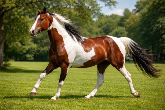 Delighted paint horse trotting across a rich green grass lawn with full length view on a clear summer day