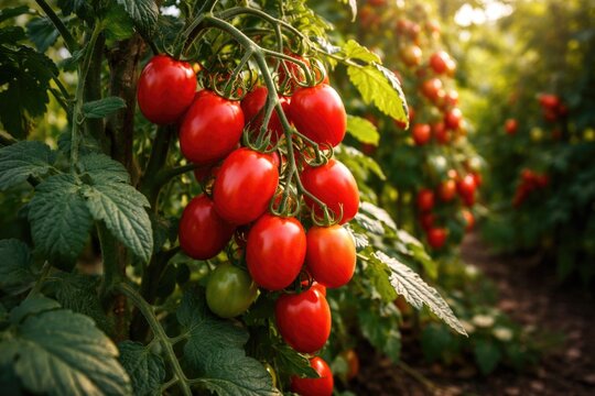 Organic cultivation of Principe Borghese grape tomatoes on domestic garden vine