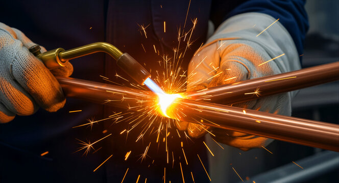 Close-up of worker soldering copper pipes with a gas torch. Skilled plumber or technician wearing gloves brazing metal joints in a workshop. Industrial plumbing maintenance concept, ideal for HVAC.