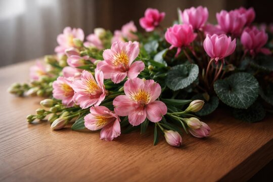 Defocused floral arrangement of alstroemeria and cyclamen on smooth oak laminate