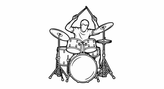 Silhouette of a drummer playing a full drum kit with drumsticks