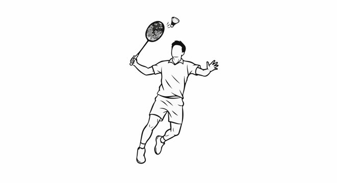 Line art of athlete jumping to hit shuttlecock with racket