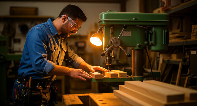 Man using a drill press to bore holes into wood in a workshop. Skilled carpenter wearing safety glasses and tool belt focuses on precision. Craftsmanship concept for industrial marketing campaigns.