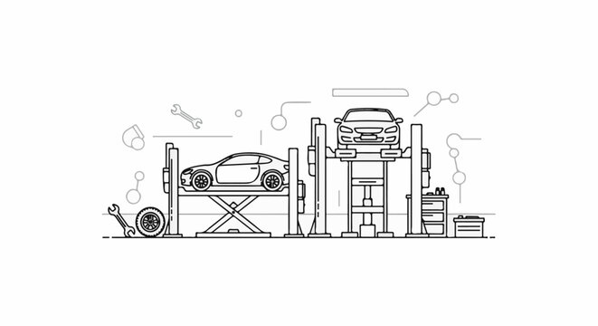Automotive workshop scene with cars on lifts and tools, line art style
