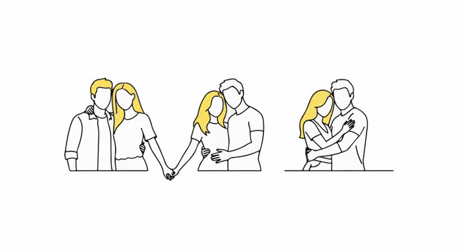Minimalist outline illustrations of couples embracing and holding hands