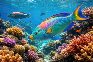 Obraz premium Brightly colored parrotfish darting across diverse coral structures in clear blue tropical waters showcasing intricate scales