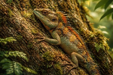 Fototapeta premium Colorful agamidae animal blending into a stylized natural tree environment