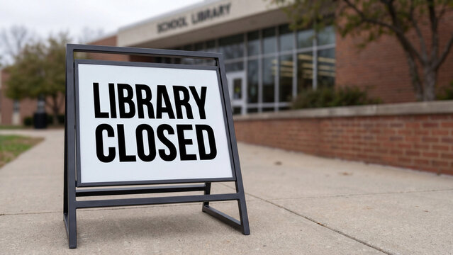 Library closed notice sign outside school library building communicating temporary suspension of public reading and academic resource access during closure or restricted operational period