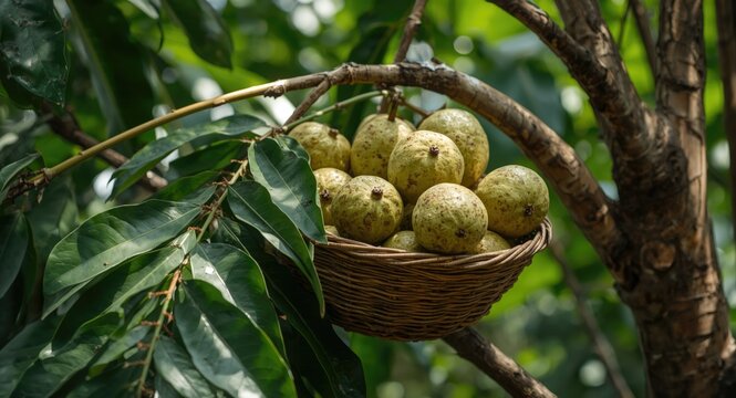 Medicinal Ramphal fruit collection in basket perched on mature Annona Reticulate tree limb