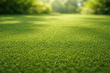 Naklejka premium Green artificial grass surface backdrop with minimal texture and soft daylight