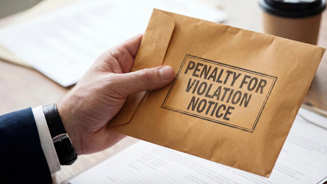 Penalty for violation notice envelope in corporate legal compliance and regulatory enforcement context representing official warning and financial consequence for rule breach