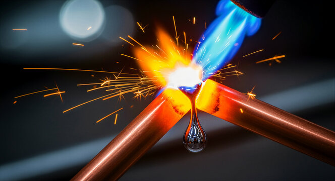 Brazing copper pipes with gas torch flame and bright sparks. Molten metal droplet falls from glowing pipes during plumbing work. Professional metalwork and HVAC repair concept for marketing.