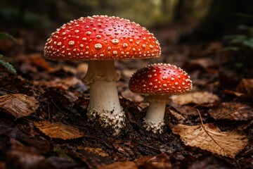 Fototapeta premium Full view of red capped poisonous mushrooms with dry leaf litter in forest