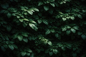 Naklejka premium Dark green textured foliage background illuminated by soft daylight