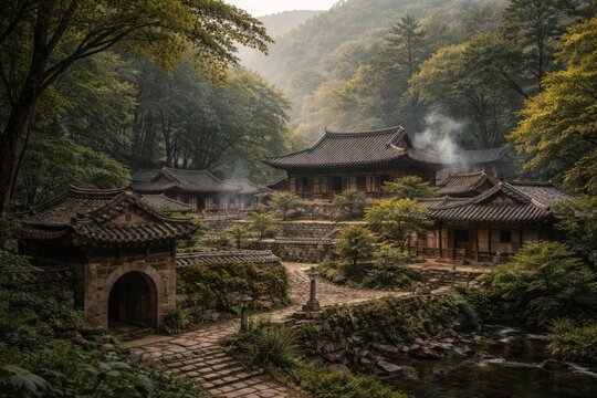 Historic Mun Clan rural area with ancient structures and dense tree coverage