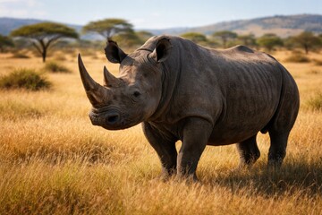 Fototapeta premium Black rhino standing peacefully on a sunny natural plain