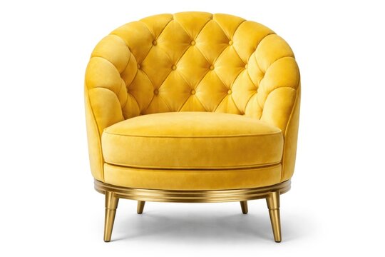 Decorative yellow quilted chair in art deco design front angle with white clipping path