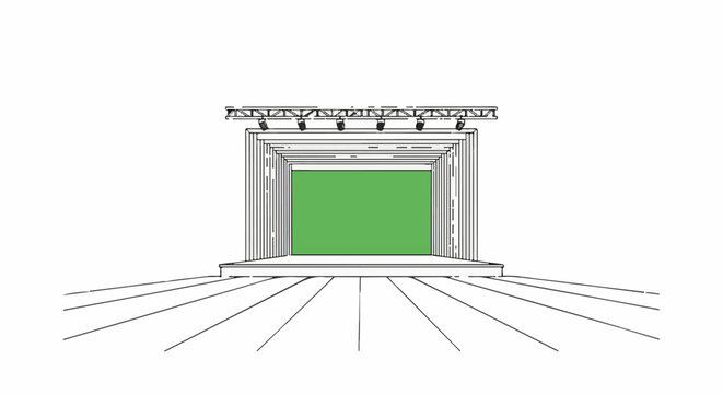 A stage with a green backdrop and lighting rig viewed from audience perspective