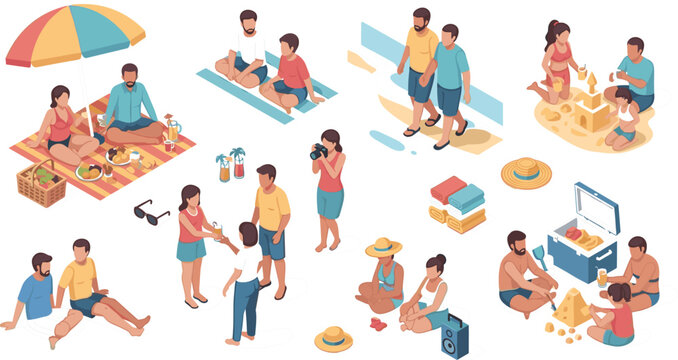 Isometric summer beach leisure scenes with family and friends relaxing, picnic, sandcastle building, sunbathing and vacation activities in colorful vector illustration