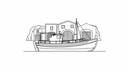 Fototapeta premium A line drawing of a fishing boat docked near whitewashed buildings in a seaside village