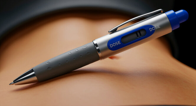 Insulin pen injector resting on human skin for self-medication. Close-up of a digital dose delivery system for diabetes or weight loss treatment. Medical healthcare concept ideal for marketing.