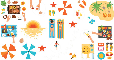 Top view summer beach elements and activities set with barbecue, sunbathing, tropical island, drinks, umbrellas and seaside accessories in flat vector illustration © MstLinaAkter