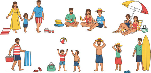Fototapeta premium Summer beach family characters set with parents and kids walking, playing, relaxing, carrying surfboard and enjoying seaside vacation in flat vector illustration