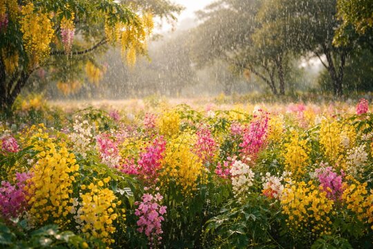 Field filled with colorful Ratchaphruek flowers blossoming during summer rain